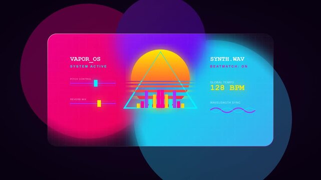 Immersive retro synthwave glassmorphism dashboard featuring an 80s outrun sliced sun, glowing neon audio visualizers, sliding pitch controls.