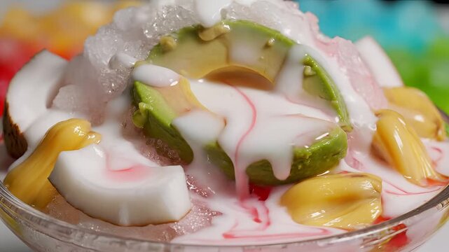 Delicious Avocado Dessert with Coconut and Jackfruit Toppings.