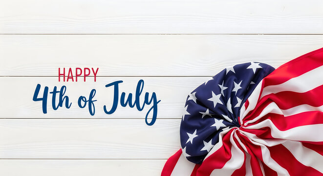 Festive fourth of july arrangement with american flag and calligraphy on white wood