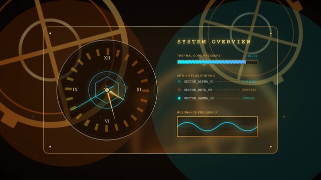 Intricate steampunk glassmorphism dashboard featuring animated rotating brass gears, glowing aether pressure gauges, fluid piston cylinders.