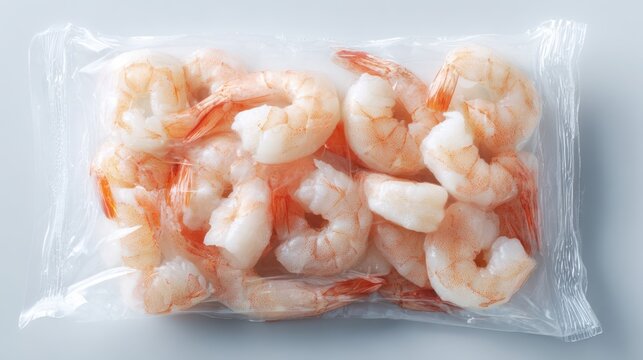 Fresh Shrimp Pack Vacuum-sealed package of raw shrimp with tails on, preserving freshness and quality for cooking.