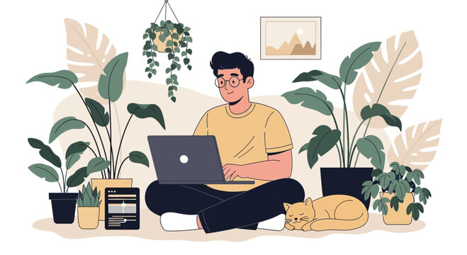 Man working on laptop at home, surrounded by plants and a sleeping cat