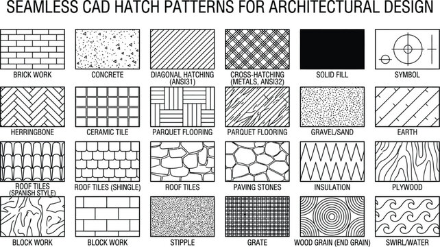 Set of seamless cad hatch patterns for architectural and engineering drawing