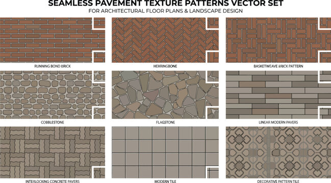 Seamless pavement texture patterns vector set for architecture and landscaping