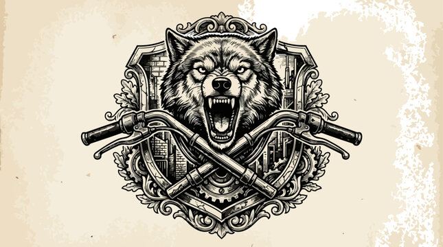 Wolf crest design with motorcycle handlebars and ornamental elements