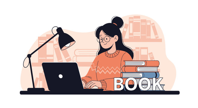 Woman studying and working on laptop with books stacking around