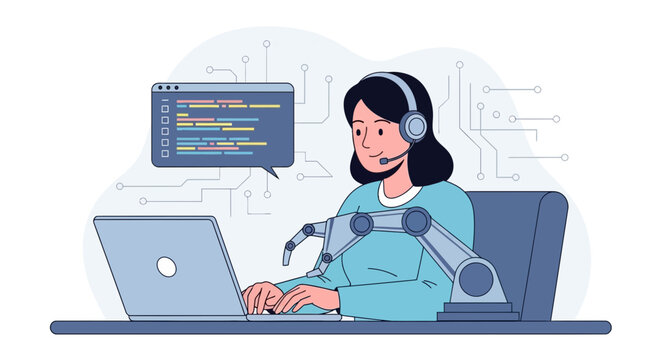 Woman programmer with robotic arm, coding on laptop and technology integration