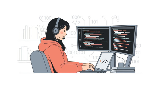 Woman programmer in headset coding on laptop with dual monitors, digital background