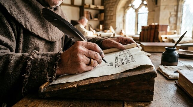 Medieval Monk Scribe Writing on Parchment with Quill Pen