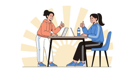 Fototapeta premium Two women working together on laptops and giving thumbs up
