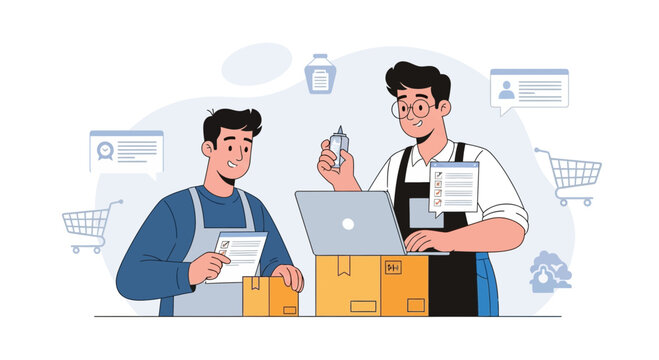 Warehouse workers processing orders with laptop and checklist