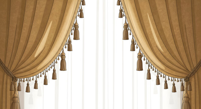 Elegant golden drapes with tassels framing a bright window, creating a luxurious interior design element.