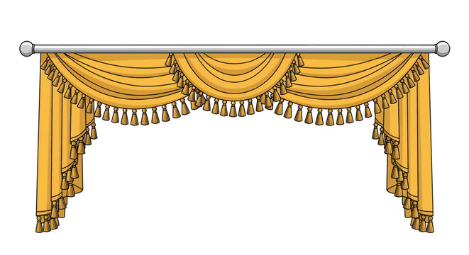 A luxurious yellow curtain valance with decorative tassels hanging from a silver rod, suitable for elegant window treatments.