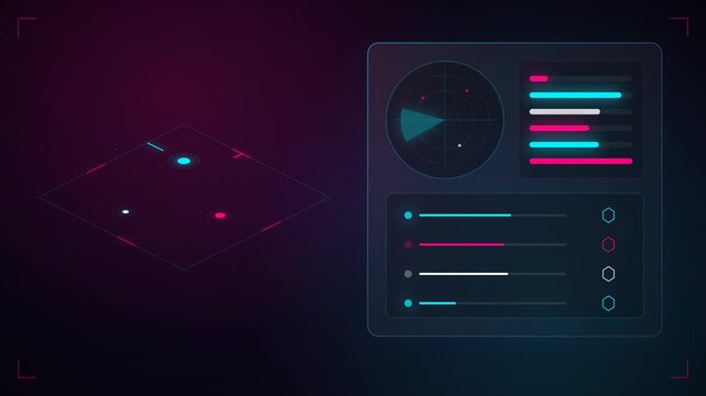 High-tech glassmorphism smart city dashboard featuring an isometric autonomous logistics traffic grid and neon radar tracking UI.