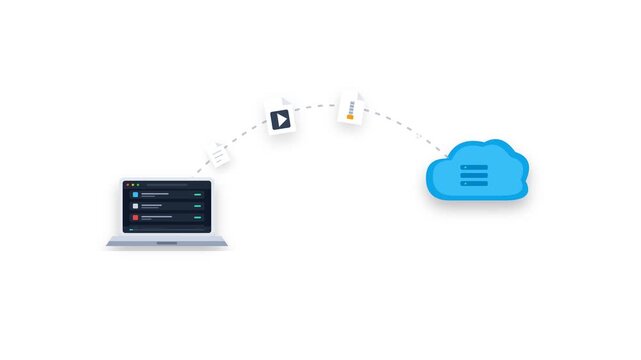 Transparent background cloud backup sync animation showing various media files video and documents flying from a laptop to a cloud server.