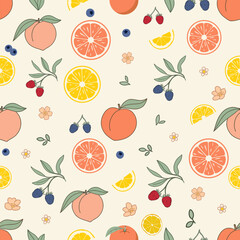 Obraz premium Summer orchard pattern fruit peach citrus berry seamless illustration background summer orchard pattern repeating wallpaper textile wrapping