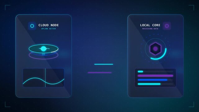 High-tech glassmorphism data transfer dashboard featuring a cloud server syncing with a local core via animated fiber optic glowing bridges.