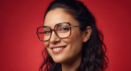 Obraz premium Close up portrait of a smiling woman wearing stylish eyeglasses against a red background.