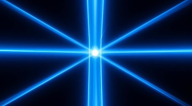 Abstract Blue Light Beams Radiating From Center With Bright Starburst Effect On Black Background