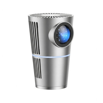 Silver projector with blue light and lens