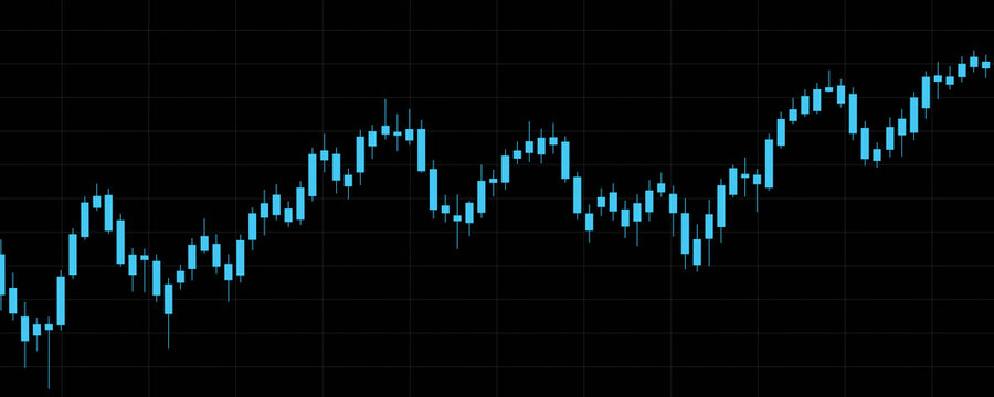 Stock market candle stick chart in blue moving up. Growth, wealth, success, trend, investment, technical analysis, volatile, risk, trading.