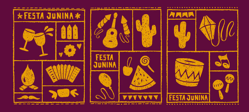 Festa Junina carnival flyers with crayon icons of summer festival in frames. Music party posters with accordion, guitar, bonfire, drum and lantern drawn with bright chalk, vector illustration