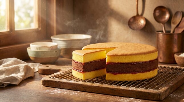 Freshly baked Indonesian layer cake lapis surabaya or spiku with strawberry jam on a cooling rack. Warm rustic kitchen scenery with morning sun rays and steam
