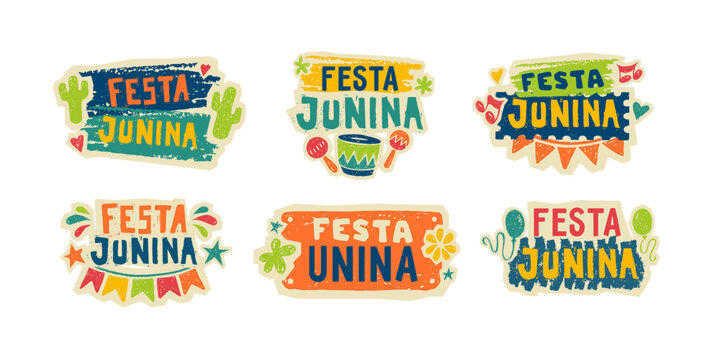 Festa Junina carnival flyers with crayon icons of summer festival in frames. Music party posters with accordion, guitar, bonfire, drum and lantern drawn with blue chalk, vector illustration