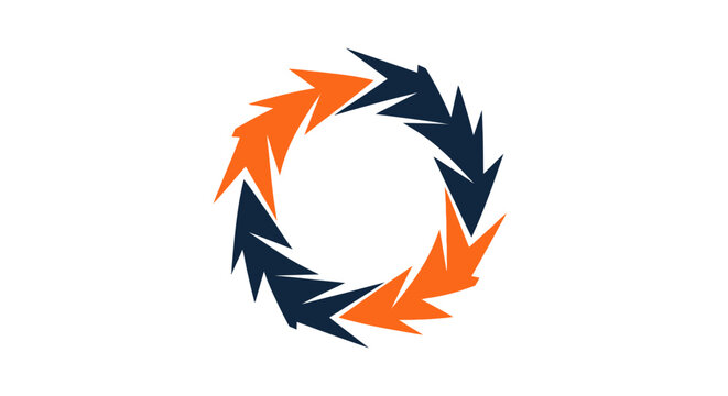 Abstract circular arrows logo in orange and blue.