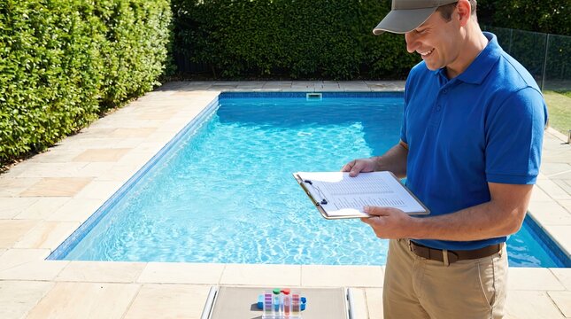A professional pool service technician checks water quality by a sparkling pool.