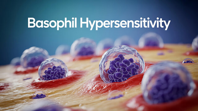Basophil hypersensitivity reaction with purple granules in clear cells on red and yellow surface  Basophil hypersensitivity is an allergic reaction