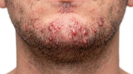 Fototapeta premium Severe acne vulgaris and pustules on male chin and beard area