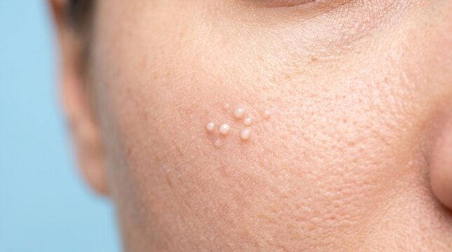 Close up view of molluscum contagiosum papules on person cheek