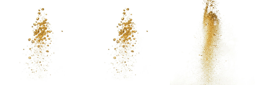 Dynamic sand or golden dust particles exploding and scattering in mid-air isolated on white background for motion effects, artistic graphic design, and cinematic action sequences shown in image