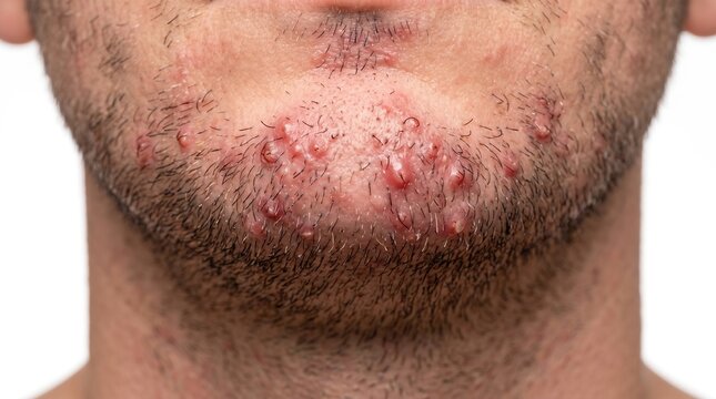 Severe acne vulgaris and pustules on male chin and beard area