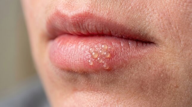 Group of fluid filled herpes simplex virus blisters on human lip