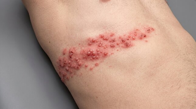 Shingles herpes zoster virus outbreak with blisters on male torso
