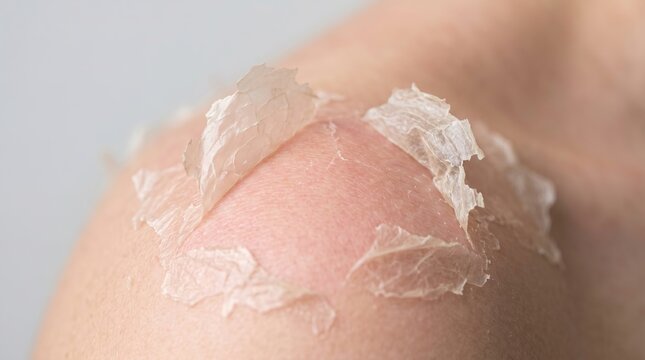 Peeling skin and sunburn damage on female shoulder close up