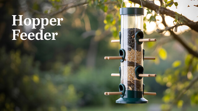 Bird feeder hanging from tree branch with seeds and perches for birds to eat from outdoor garden equipment for wildlife