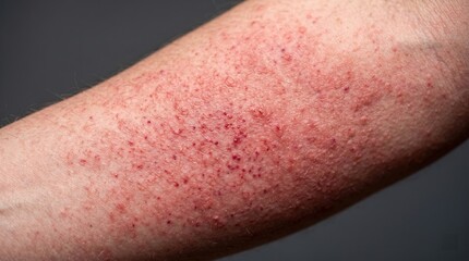 Naklejka premium Close up of petechiae rash and small red spots on forearm skin
