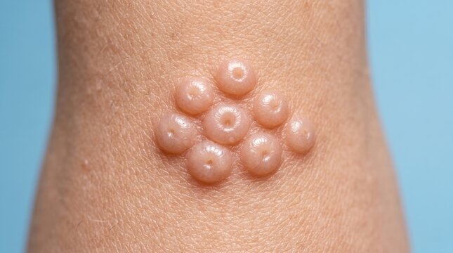 Macro view of molluscum contagiosum viral skin infection papules on human body
