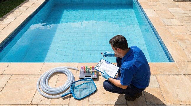 Pool pro checks list near blue water ensures safety concept. A technician checking pool water quality with various tools and equipment.
