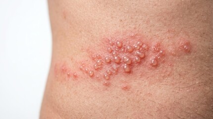 Fototapeta premium Cluster of painful varicella zoster virus vesicles on inflamed skin of torso