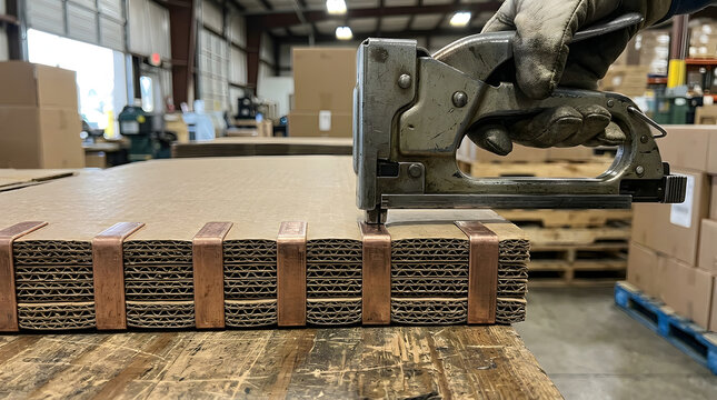 staple gun fastening cardboard with metal reinforcements in a warehouse