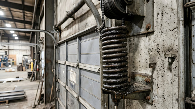 coiled metal spring attached to industrial garage door mechanism close up photograph