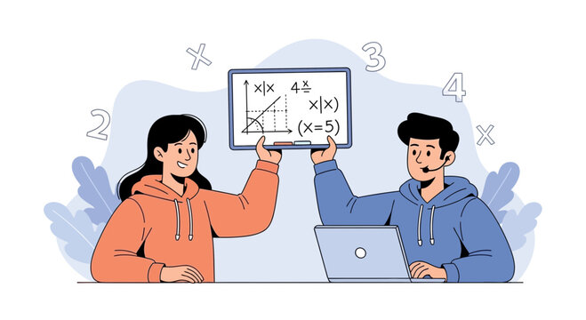 Students learning math concept, illustrating algebraic equations and graphs