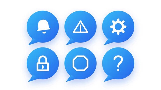 Animated social alert notification icons with warning bell and error badge animations on dark background.