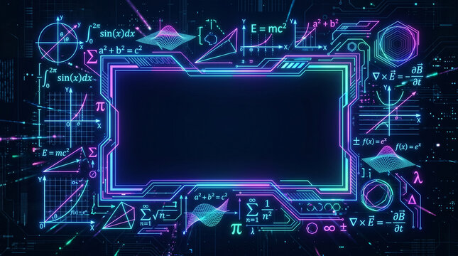 Futuristic Neon Mathematical Border with Quantum Physics Formulas and Glowing Data Grid Background