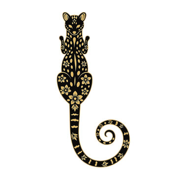 Black Vector Silhouette of a Common Genet Standing in Profile with a Long Tapering Tail, Minimalist Wildlife Illustration of a Genetta Mammal Isolated on White Background