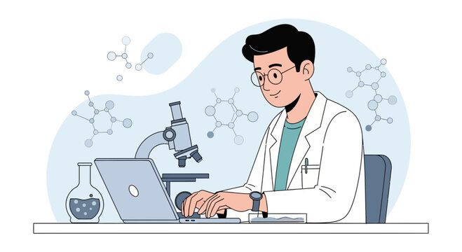 Scientist working on laptop with microscope and lab equipment, molecular structures